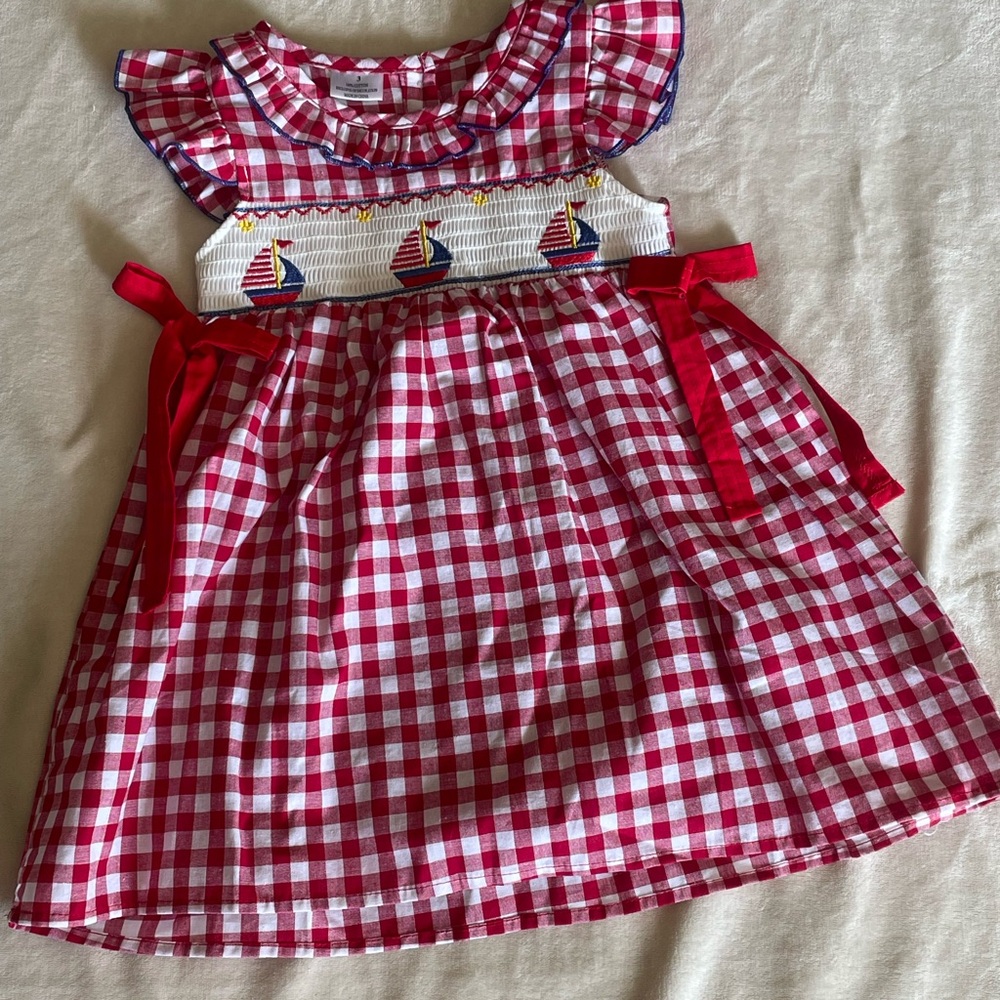 Red Checkered Dress with Sailboat Embroidery sz 3T